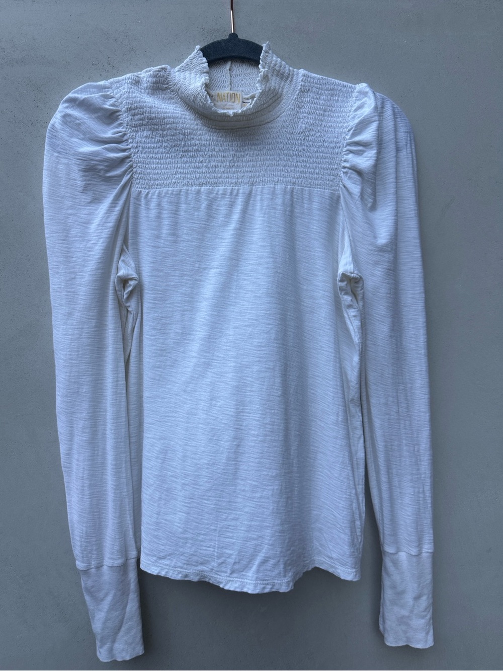 Nation LTD Melanie Smocked Peasant Top Medium White Mock Neck Puff Sleeve